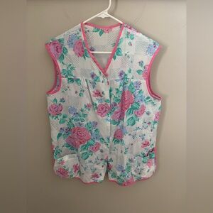 VINTAGE Floral Button down Sleeveless Top - Pink and Green M/L